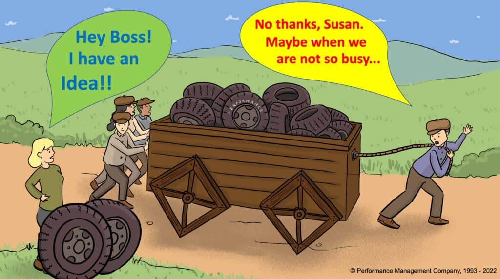 A Square Wheels illustration of a boss too busy to listen to ideas for improvement