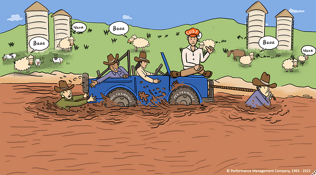 An image of mud, spectator sheep, silos and The Customer from The Search for The Lost Dutchman's Gold Mine teambuilding game